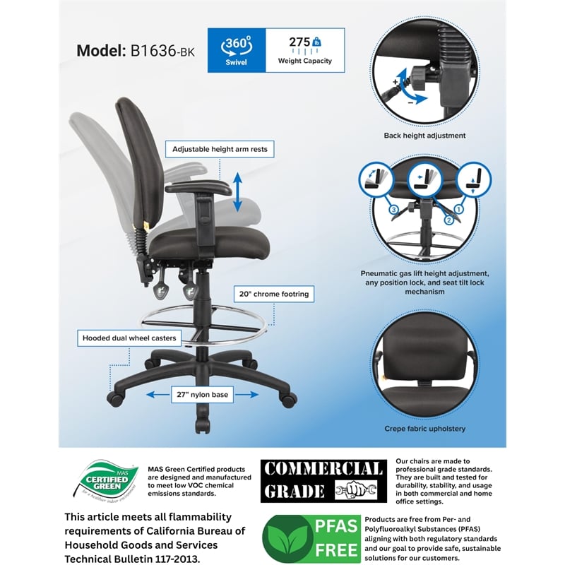 Boss Office Products Fabric Drafting Stool with Adjustable Arms in Black