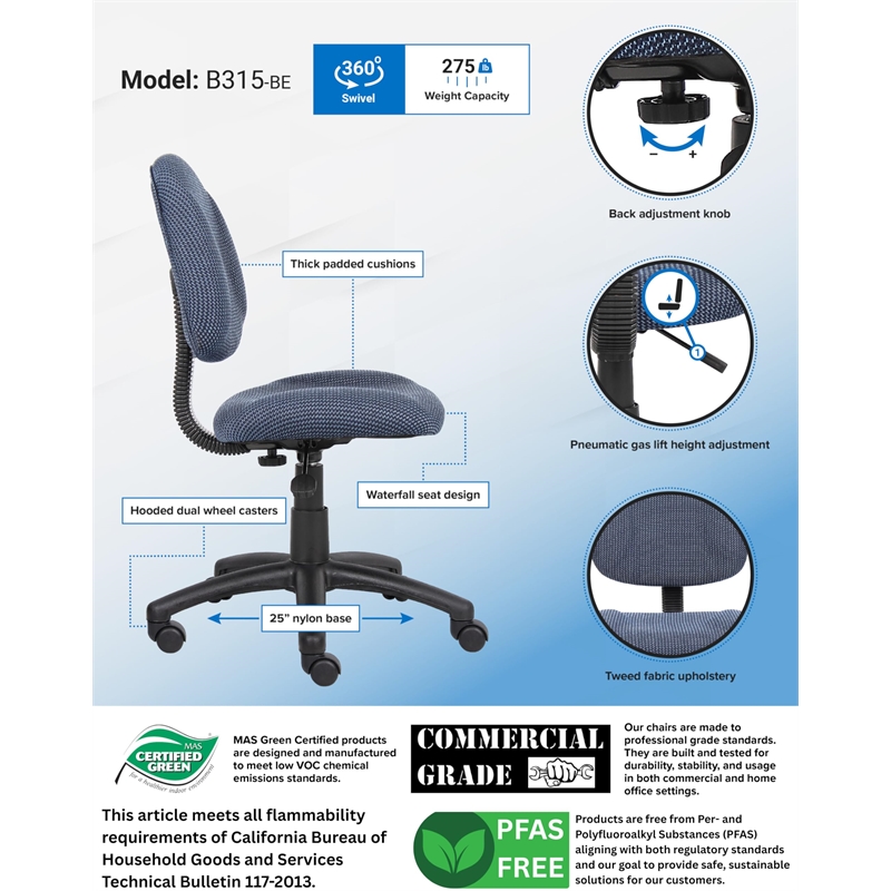 Boss Office Products Adjustable DX Fabric Posture Office Chair in Blue