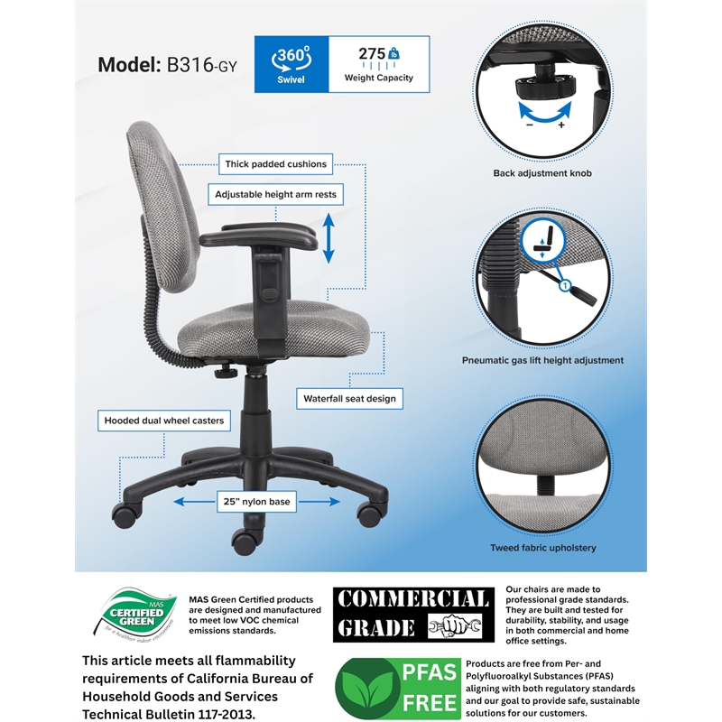 Boss Office Products DX Posture Office Chair with Adjustable Arms in Gray
