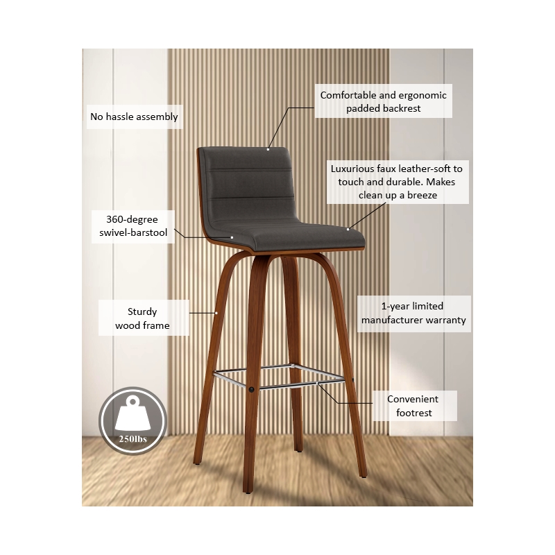 Armen Living Vienna Modern Faux Leather Upholstered Bar Stool in Gray