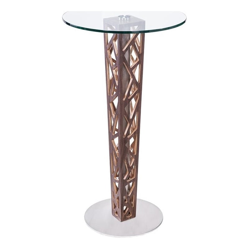 Armen Living Crystal Modern Round Glass Top Bar Table in Walnut