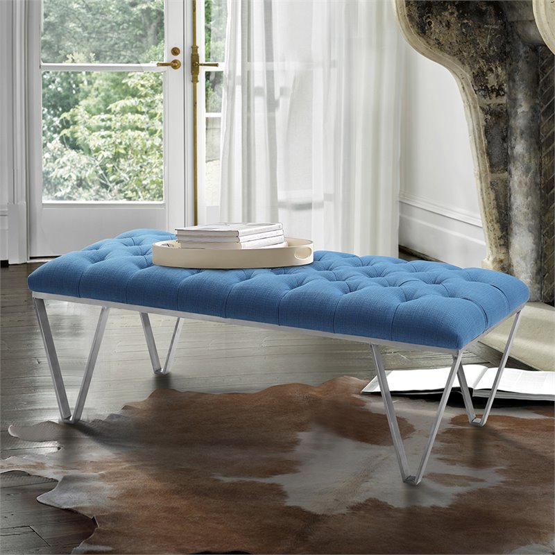 Armen Living Serene Tufted Fabric & Metal Bench in Blue/Brushed Silver