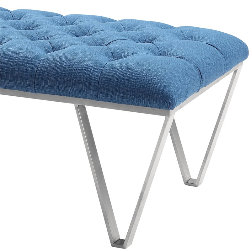 Armen Living Serene Tufted Fabric & Metal Bench in Blue/Brushed Silver