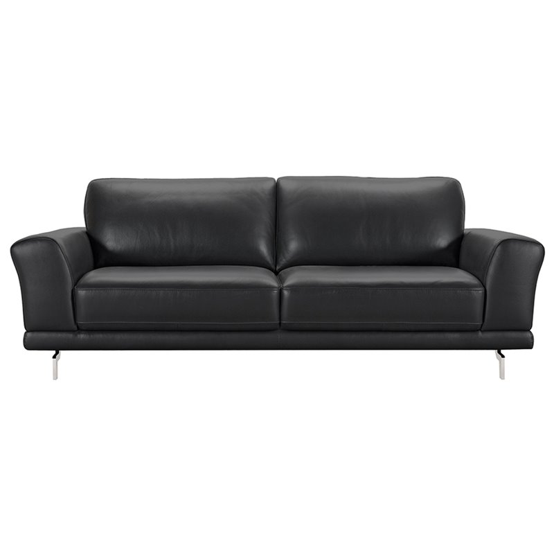 Armen Living Everly Modern Leather Sofa in Black and Brushed Silver