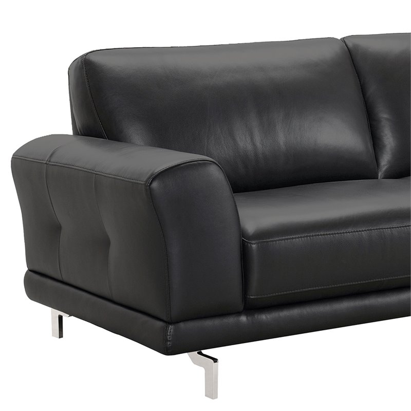 Armen Living Everly Modern Leather Sofa in Black and Brushed Silver