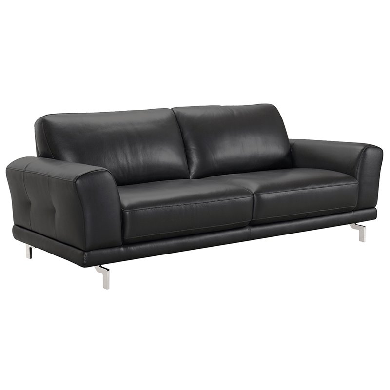 Armen Living Everly Modern Leather Sofa in Black and Brushed Silver