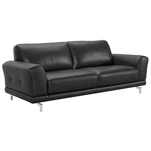 Armen Living Everly Modern Leather Sofa in Black and Brushed Silver