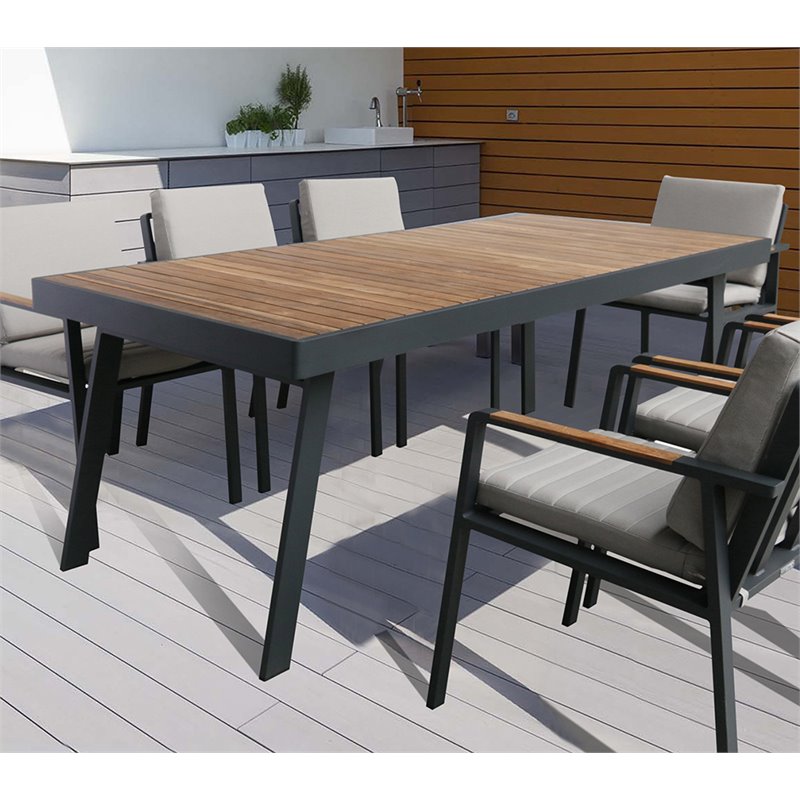 Armen Living Nofi Modern Teak Wood & Metal Dining Table in Brown/Charcoal