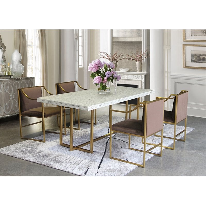 Armen Living Harmony Trestle Dining Table in Brushed Gold and Ash
