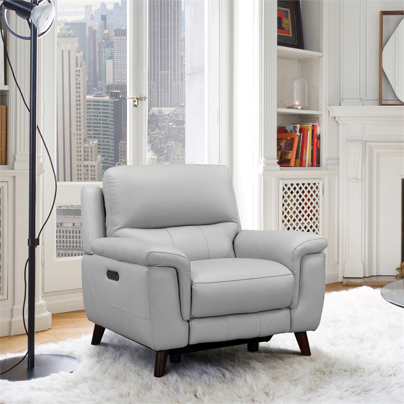 Armen Living Lizette Contemporary Leather Chair with Wood Legs in Gray
