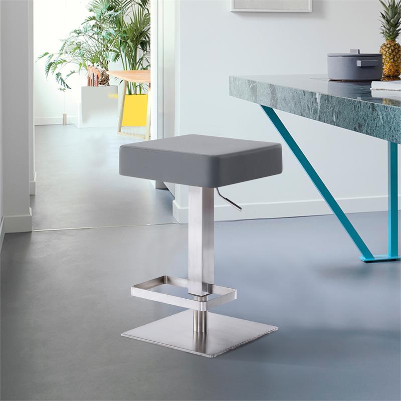 Armen Living Kaylee Modern Faux Leather Swivel Bar stool in Gray/Stainless Steel