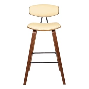 Armen Living Fox 28.5&quot Faux Leather & Wood Kitchen Bar Stool in Cream/Walnut