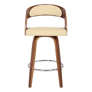 Armen Living Shelly 26&quot Modern Faux Leather Swivel Counter Stool in Cream/Walnut