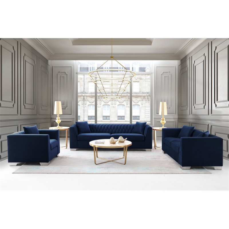 Armen Living Cambridge Velvet Sofa in Rich Blue and Brushed Stainless Steel