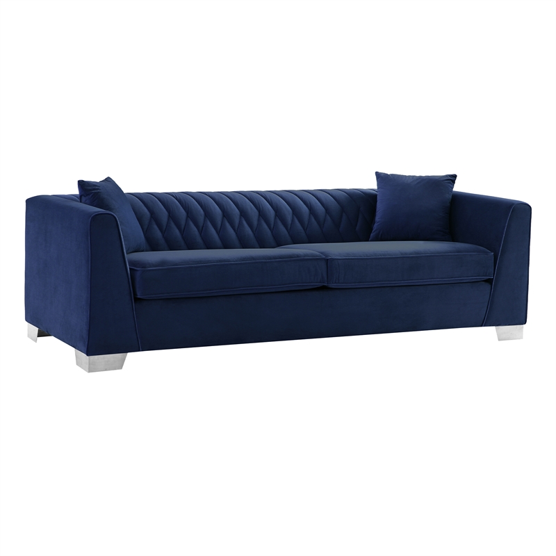 Armen Living Cambridge Velvet Sofa in Rich Blue and Brushed Stainless Steel