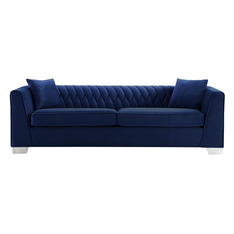 Armen Living Cambridge Velvet Sofa in Rich Blue and Brushed Stainless Steel