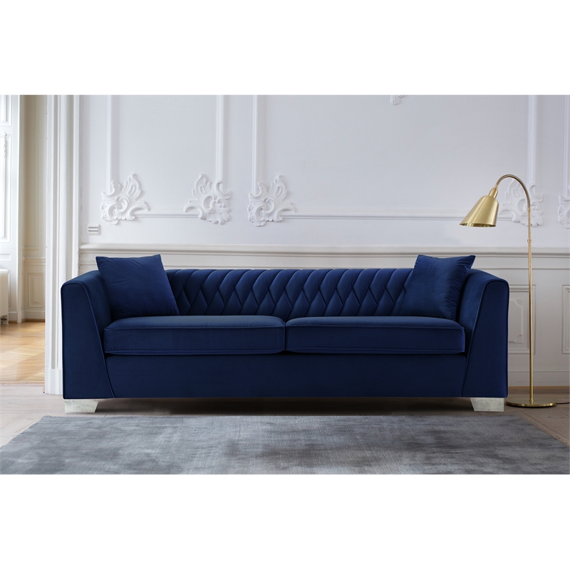 Armen Living Cambridge Velvet Sofa in Rich Blue and Brushed Stainless Steel
