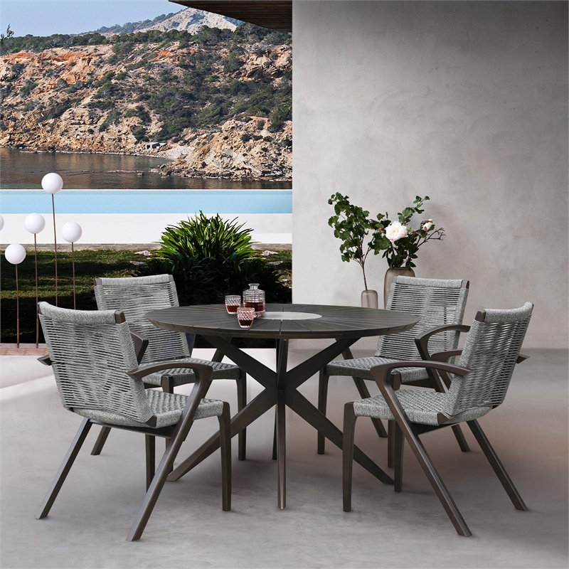 Armen Living Oasis Wood and Stone Outdoor Round Dining Table in Gray