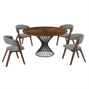 Armen Living Cirque Rowan 5-Piece Wood Dining Table & Chair Set in Walnut/Gray