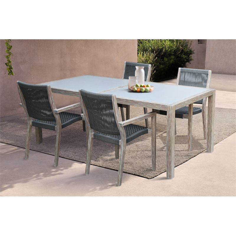 Armen Living Sienna & Madsen 5PC Wood Outdoor Dining Set in Gray Teak/Black