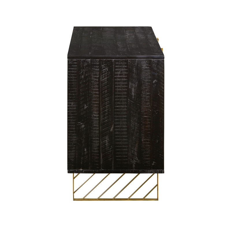 Armen Living Monaco Rectangular Solid Wood Sideboard in Black/Antique Brass
