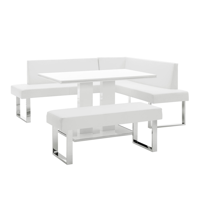 Armen Living Amanda 3-Piece Rectangular Faux Leather & Metal Dining Set in White