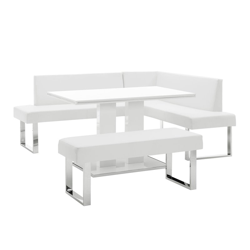 Armen Living Amanda 3-Piece Rectangular Faux Leather & Metal Dining Set in White
