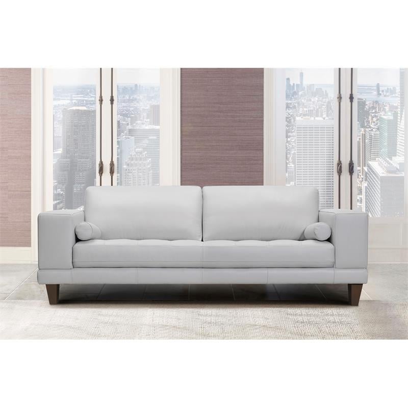 Armen Living Wynne Modern Genuine Leather and Wood Sofa in Dove Gray/Brown