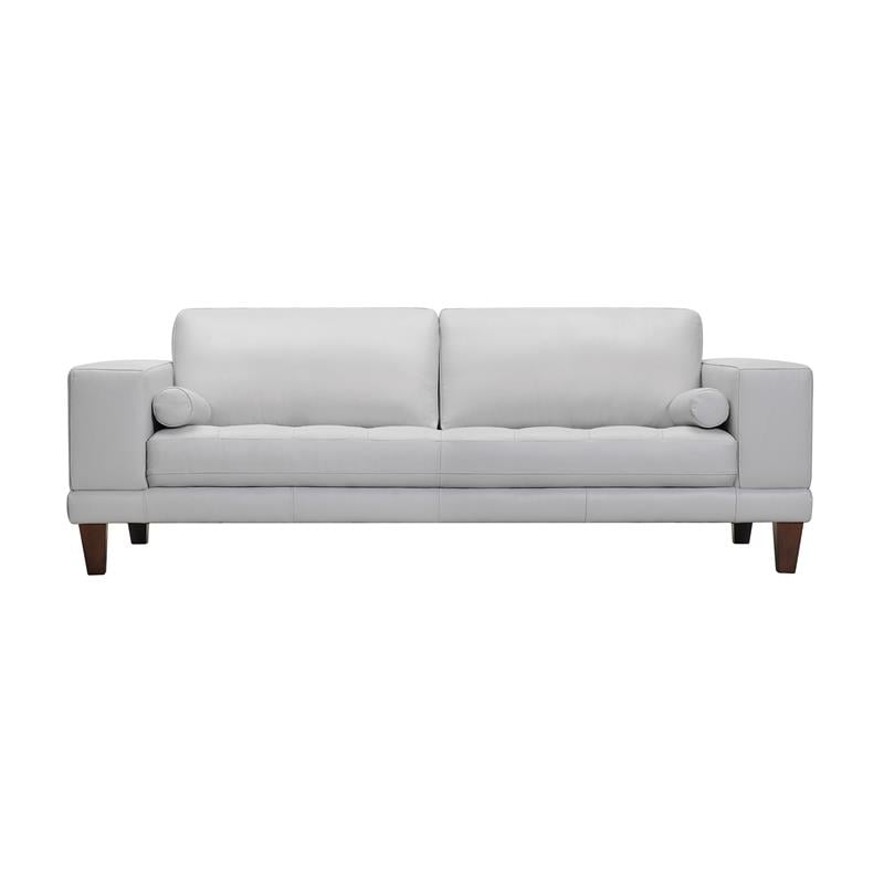 Armen Living Wynne Modern Genuine Leather and Wood Sofa in Dove Gray/Brown