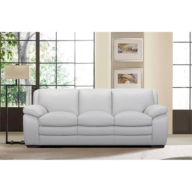 Armen Living Zanna Modern Genuine Leather and Wood Sofa in Dove Gray/Brown
