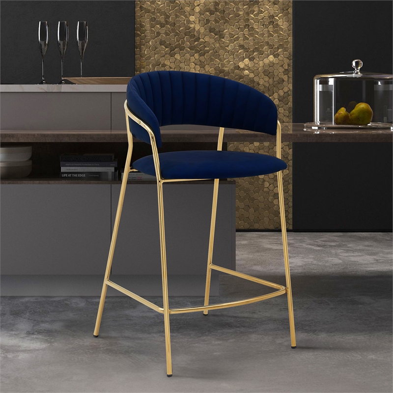 armen living nara 26&quot modern faux leather & metal counter stool in blue/gold