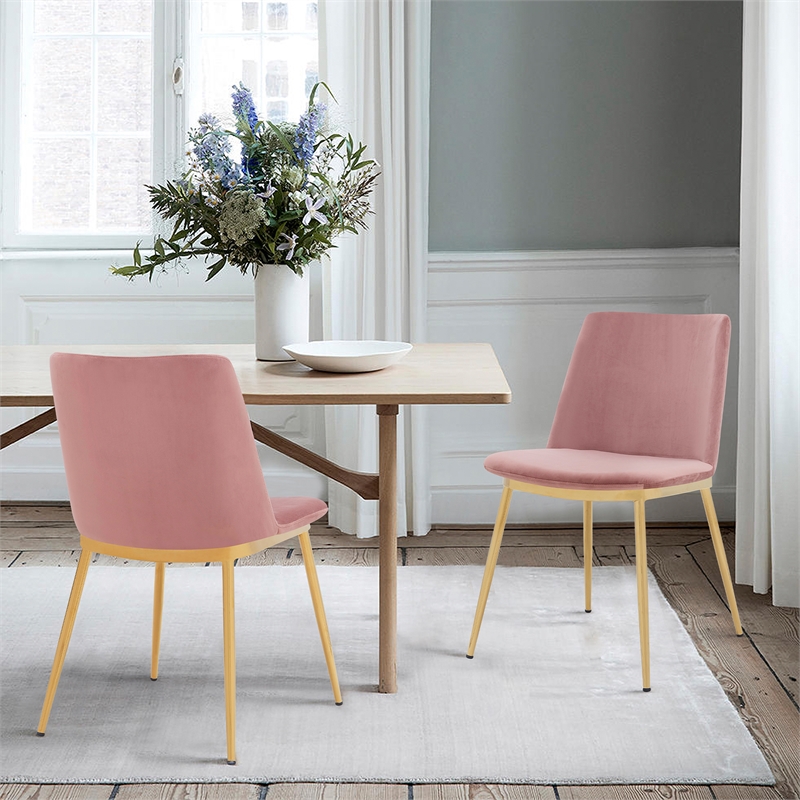 Armen Living Messina Modern Velvet & Metal Dining Chair in Pink/Gold (Set of 2)