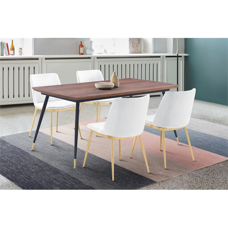 Armen Living Messina 5-Piece Rectangular Velvet/Wood Dining Set in White/Walnut