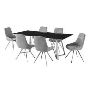 Armen Living Cressida and Skye 7-Piece Fabric/Glass Dining Set in Gray/Black