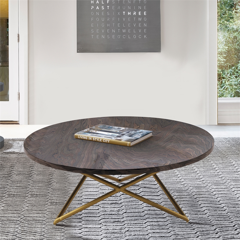 Armen Living Atala Modern Wood Coffee Table with Brushed Gold Legs in Brown