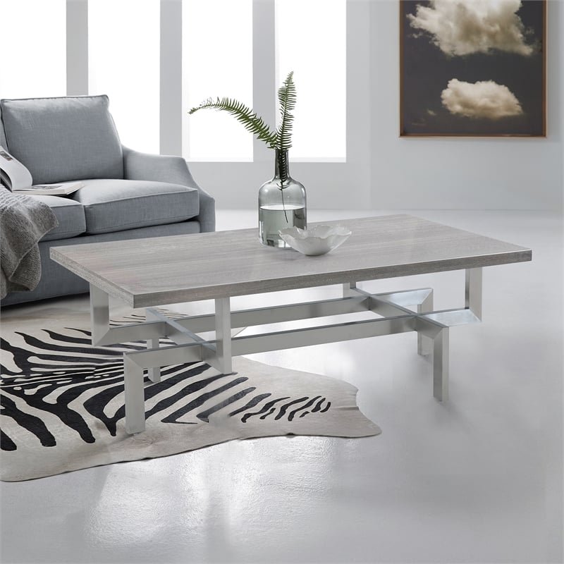 Armen Living Illusion Stainless Steel and Wood Coffee Table in Chrome/Gray