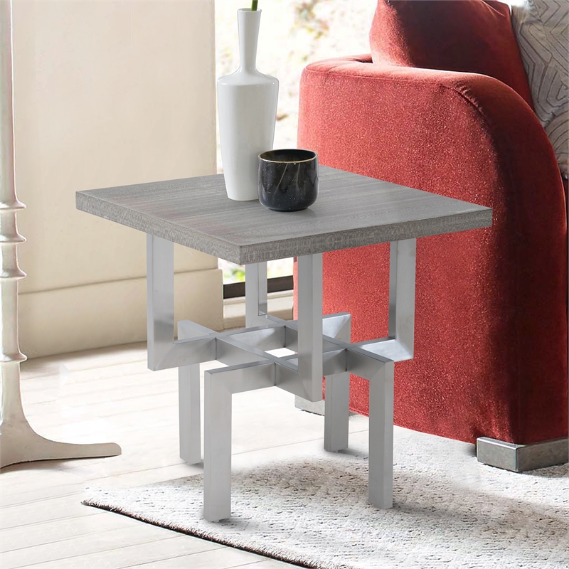 Armen Living Illusion Wood and Stainless Steel End Table in Gray/Chrome