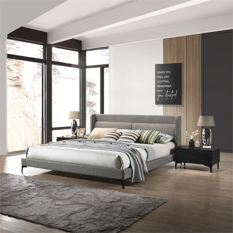 Armen Living Legend 3-Piece Fabric & Wood King Bedroom Set in Gray/Black