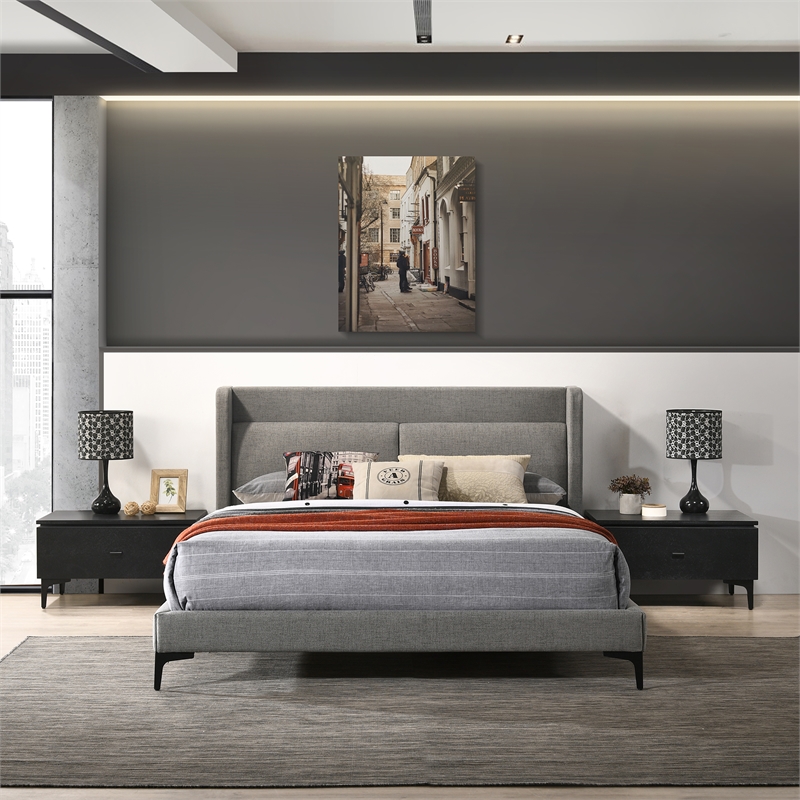 Armen Living Legend 3-Piece Fabric & Wood Queen Bedroom Set in Gray/Black