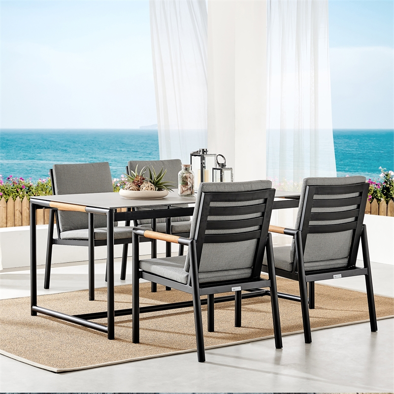 Armen Living Crown Aluminum & Stone Outdoor Dining Table in Black