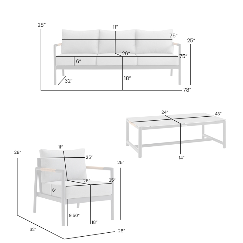 Armen Living Crown 4-Piece Aluminum and Teak Outdoor Seating Set in Black