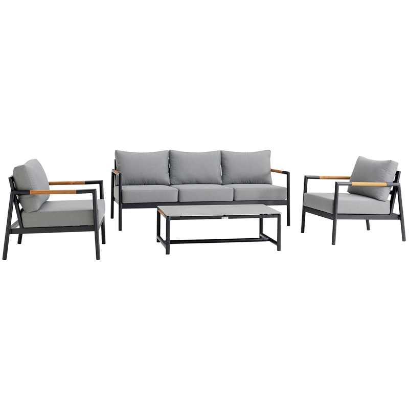 Armen Living Crown 4-Piece Aluminum and Teak Outdoor Seating Set in Black