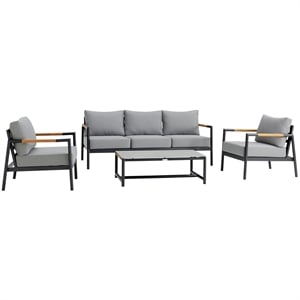 Armen Living Crown 4-Piece Aluminum and Teak Outdoor Seating Set in Black