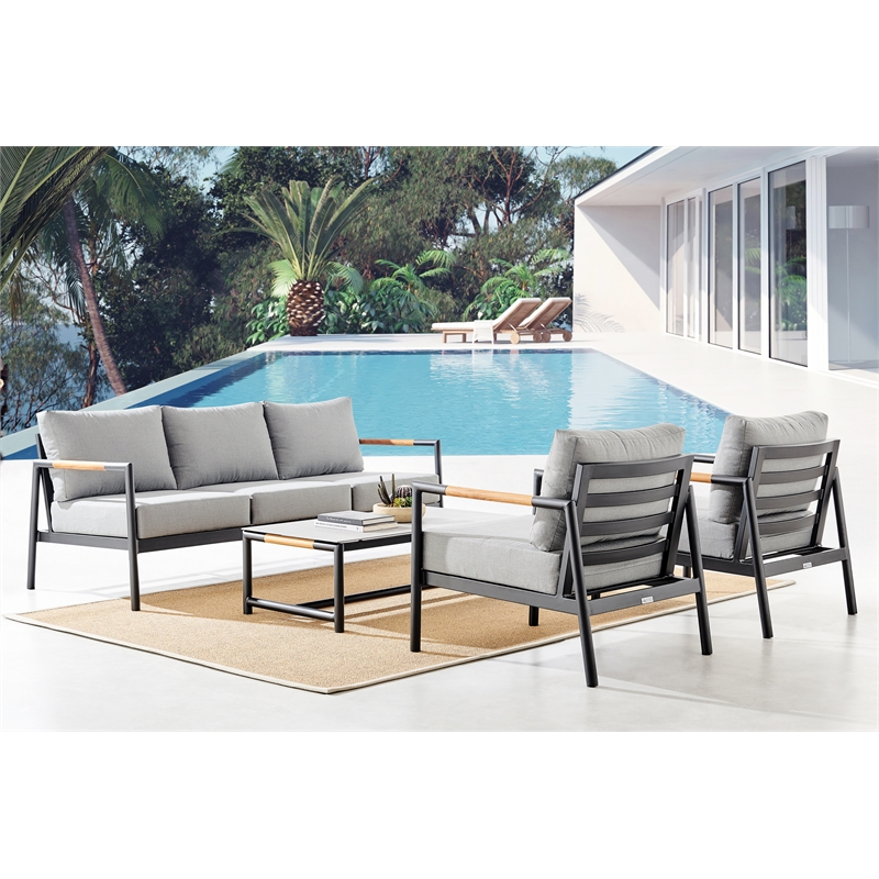 Armen Living Crown 4-Piece Aluminum and Teak Outdoor Seating Set in Black