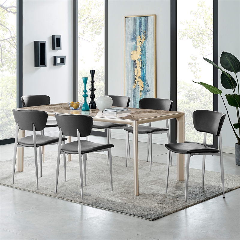 Armen Living Otello Rectangle Ceramic & Metal Dining Table in Champagne Silver