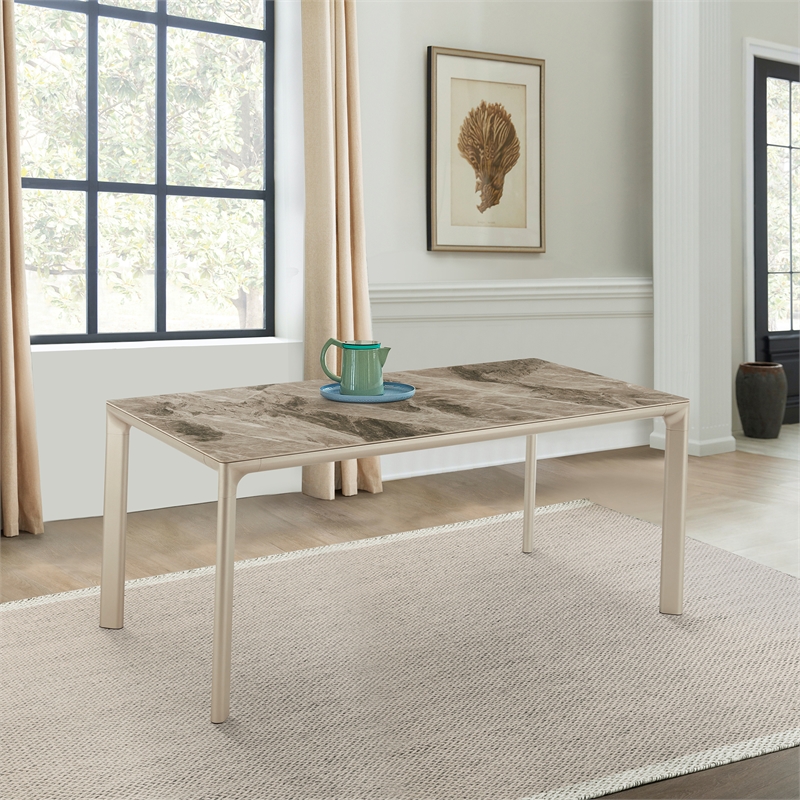 Armen Living Otello Rectangle Ceramic & Metal Dining Table in Champagne Silver
