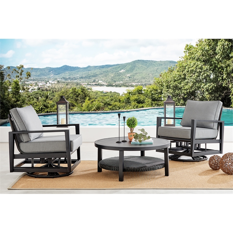 Caymen 3 Piece Black Aluminum Outdoor Seating Set with Dark Gray Cushions