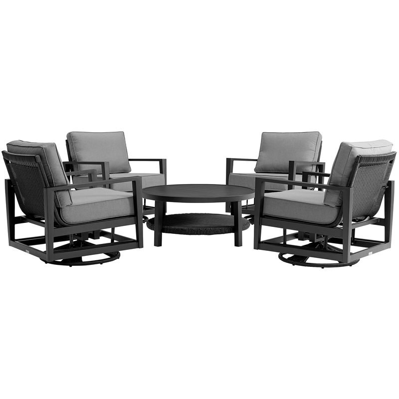 Caymen 5 Piece Black Aluminum Outdoor Seating Set with Dark Gray Cushions