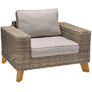 Armen Living Bahamas Outdoor Wicker / Rattan & Teak Wood Lounge Chair in Beige