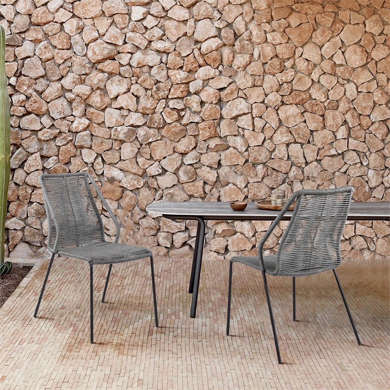 Armen Living Clip Fabric Indoor Outdoor Dining Chair in Gray/Black (Set of 2)